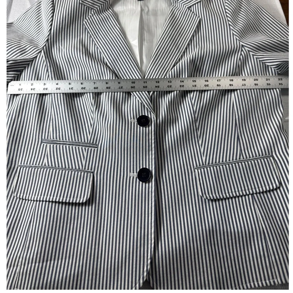 Nine West Womens 14W Blue White Striped Blazer Two Button Cotton Blend Jacket - Picture 9 of 9